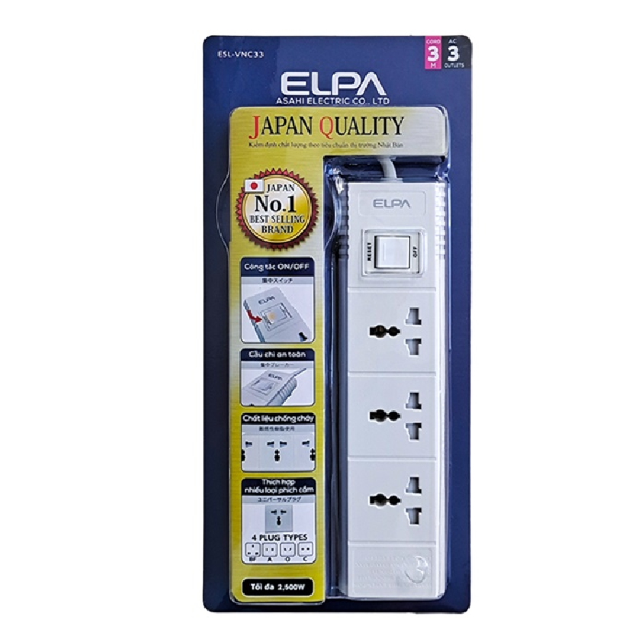 Ổ cắm 3 ổ điện; 1 công tắc; 3m; 2xUSB ELPA ESU-VNC33