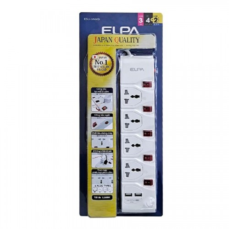 Ổ cắm 4 ổ điện; 5 công tắc; 3m; 2xUSB ELPA ESU-VNI43