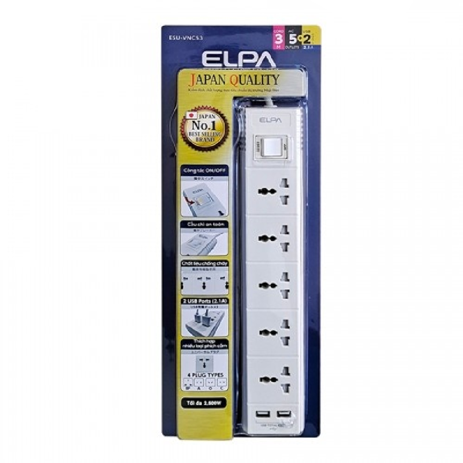 Ổ cắm 5 ổ điện; 1 công tắc; 3m; 2xUSB ELPA ESU-VNC53